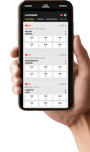 Telefono che mostra le scommesse live di Spinsy casino con partite di calcio